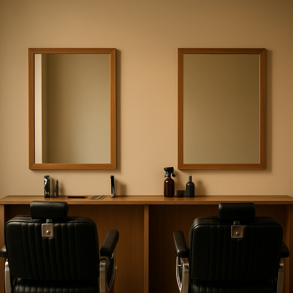 Interior view of a clean barbershop with organized stations and warm lighting