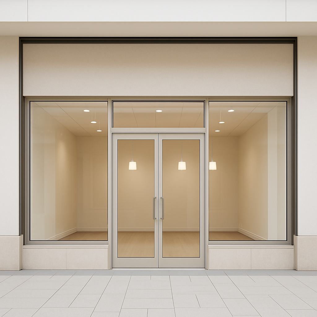 Barbershop storefront in a shopping mall, clean exterior view