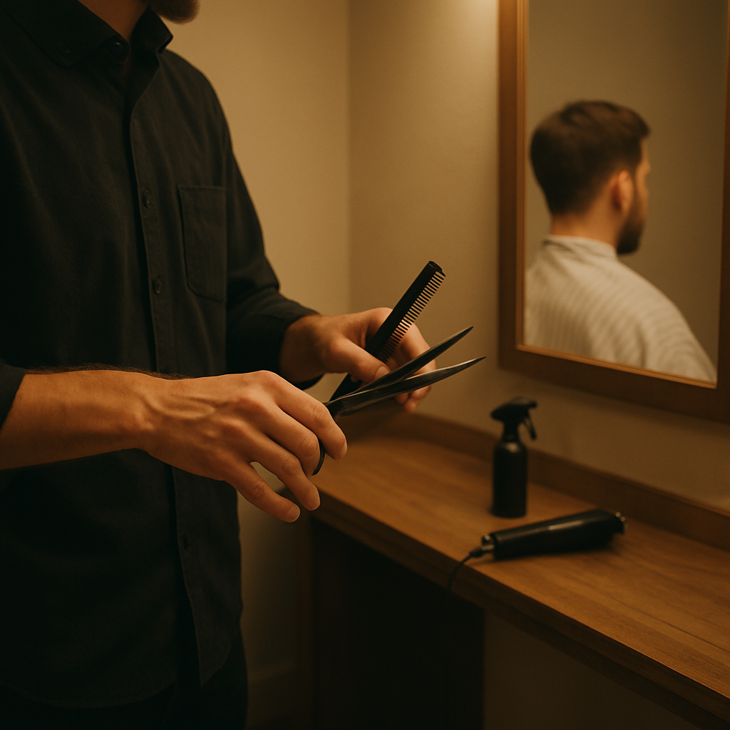 Barber at work with hands and tools in focus, interior atmosphere