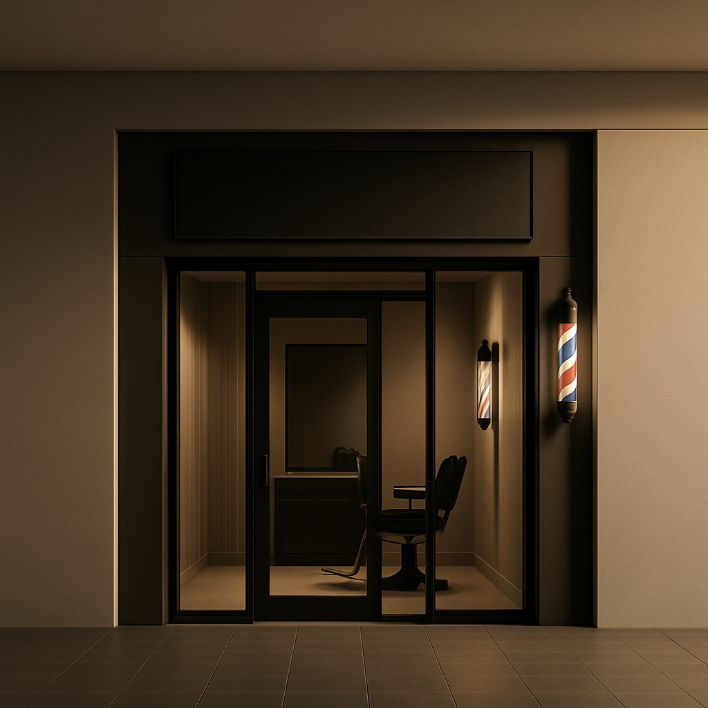 Clean modern barbershop storefront in a mall, minimal frontage