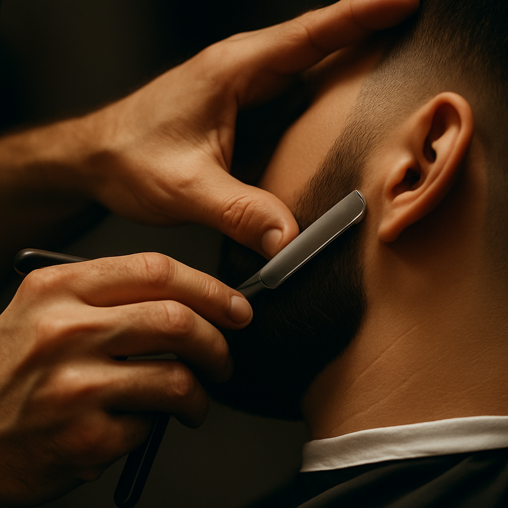 Close-up of hands shaping a beard with a straight razor, professional grooming detail